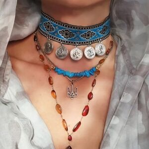 Ethnic Boho Jewelry Silver Coins Blue Embroidered Chocker